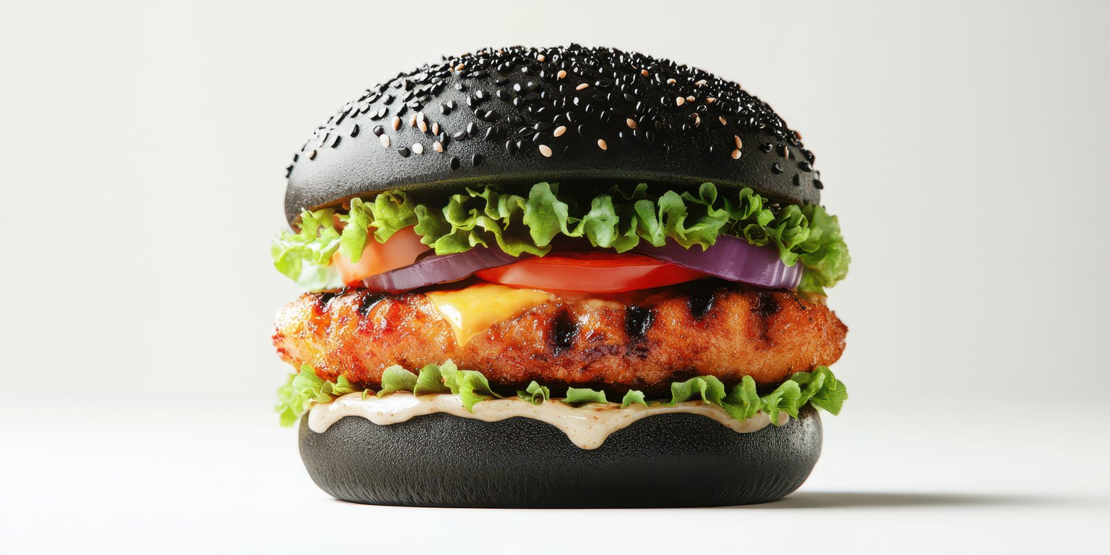Delicious black sesame burger featuring grilled chicken, fresh lettuce, tomatoes, and onions for a unique dining experience